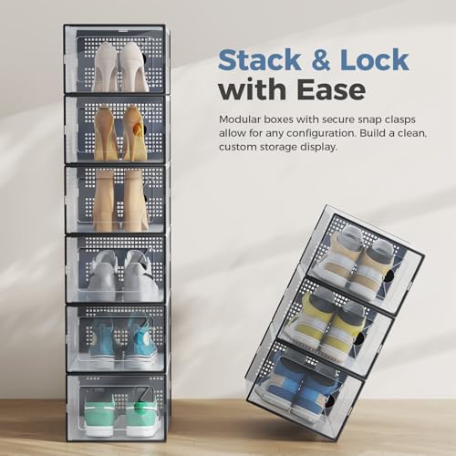 DUMOS Clear Shoe Storage Boxes, 15-Pack Plastic Stackable Shoe Containers with Lids, Display Sneaker Case Organizer for Closet, Under Bed, Entryway,Black (Fit Size 9)