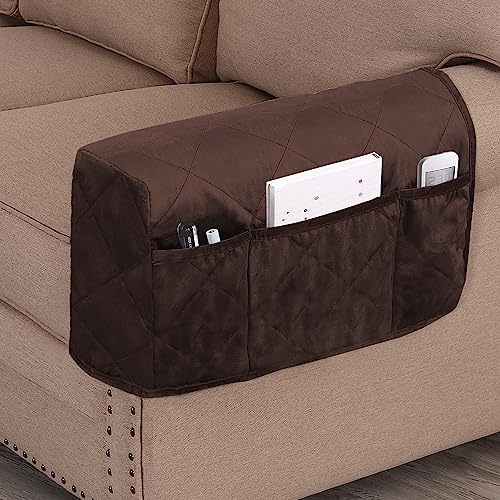 Non-Slip Sofa Armrest Protector,Thick Velvet Armrest Covers for Chairs and Sofas Couch with Side Pocket,Armrest Storage Organizer,Washable Arm Covers for Dogs，Set of 2 (Brown) - color: Brown