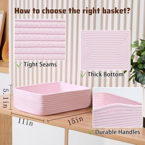 MiniArk Large Shallow Organizing Baskets 15x11x5.1 Inches - Rope Woven Storage Bins for Bathroom, Shelves, Cube Closet, Light Pink 2 Packs - color: Light Pink, size: 2pcs-L15×W11×H5.1"