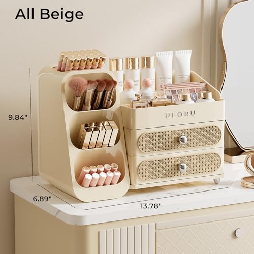 Makeup Organizer for Vanity with Brush Holder, Large Plastic Bathroom Countertop Skincare Organizer with 2 Drawers, Spacious Cosmetic Display Case for Perfumes, Eyeshadow Palettes, Nail Polishes - color: Beige, size: Large