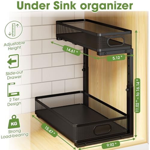 Under Sink Organizer 4-Pack, Metal 2-Tier Pull-Out Cabinet Shelf with Slide-Out Mesh Drawers, Height Adjustable, Space-Saving Storage Racks for Kitchen, Bathroom, Laundry Room - color: Black-4 Pack