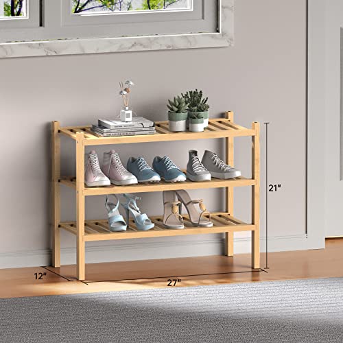 ROMGUAR CRAFT (Thick Bamboo Shoe Rack for Entryway, 3-Tier Free Standing Shoe Racks Stackable Shoe Rack Organizer for Hallway Closet Living Room 27 x12 x21 Inches - color: Natural, size: 3 Tier(Thick)