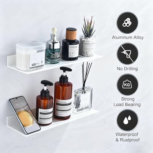 HNVNER Adhesive Shower Shelves for Wall 2 Pack, White Metal Shower Caddy 40cm, Waterproof Bathroom Floating Shelves, Bathroom Storage Wall Shelf Organization - color: White, size: 40cm