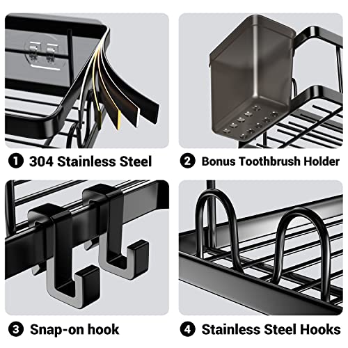 AKTECKE Corner Shower Caddy, 2 Pack Adhesive Shower Corner Organizer Shelves, No Drilling Stainless Steel Shower Storage Rack with Hooks&Toothpaste Holder for Bathroom Kitchen （for 90° Corners Only） - color: black, size: 9.6"×9.6"×2.6"
