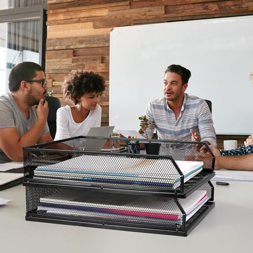 Stackable Paper Tray Desk Organizer, 2 Pack Letter File Tray, Wire Mesh Desktop Organizer, Front-Load Metal A4 Paper Sorter Documents Storage Holder Tray for Office Supplies Home School Classroom - size: Lengthways