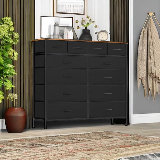 VASICAR Large Dresser for Bedroom with 12 Deep Drawers, Tall Fabric Drawer Dresser, Chest of Drawers for Closet, Nursery, Living Room, Laundry, Entryway, Hallway (Black) - color: Black