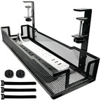 No Drill Under Desk Cable Management Tray with clamp-Premium Wire Tray Cord Organizer – Thin Steel Cable Tray Basket with Charger Holder for Desk–Black Cable Management Box–Easy to Install