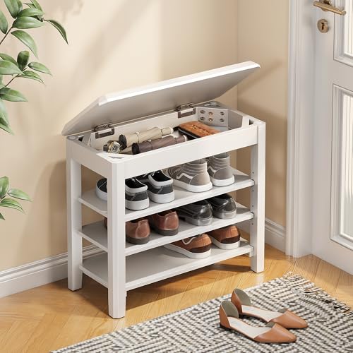 IUNVR Shoe Rack Bench Seat Rubberwood 3-Tier Wooden Storage Bench 550lbs Compact Mid-Century Modern Design for Entryway, Hallway, Closet, Front Door Entrance, Foyer - color: White-3 Tier(wood), size: 23.6"W x 11.8"D x 20.5"H