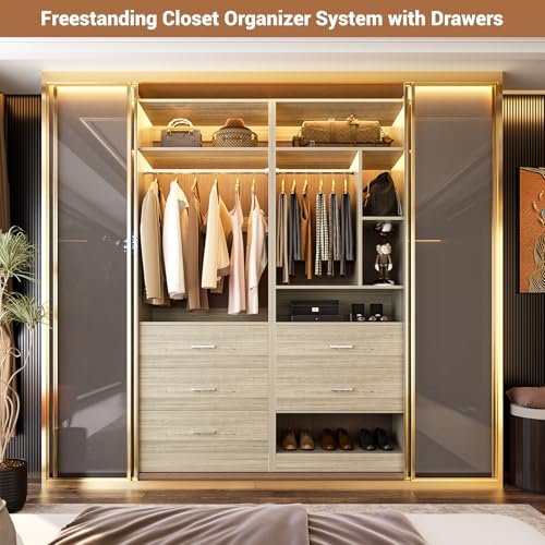 Besiost 4FT Closet Systems with 5 Wood Drawers, 48 Inch Closet Organizer System with 2 Hanging Rods & 7 Shelves, 48" Walk-in Closet, White Oak (48"L x 15" W x 80" H) - color: White Oak