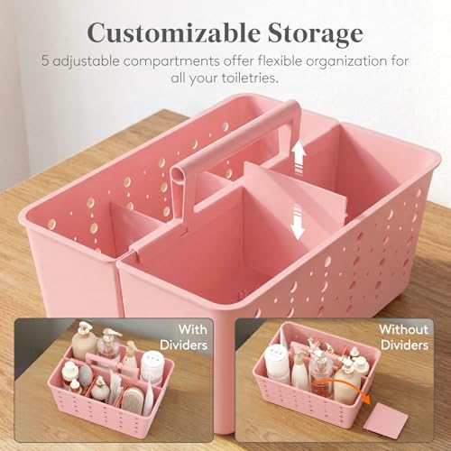 Lifewit Shower Caddy Portable, Cleaning Supplies Caddy Organizer with Handle and Adjustable Dividers, Plastic Shower Basket for Dorm Room Essentials, College, Bathroom, Pink, 1 Pack - color: Pink