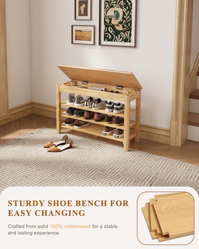 IUNVR Shoe Rack Bench Seat Rubberwood 3-Tier Wooden Storage Bench 550lbs Compact Mid-Century Modern Design for Entryway, Hallway, Closet, Front Door Entrance, Foyer - color: Natural-3 Tier(wood), size: 31.5"W x 11.8"D x 20.5"H
