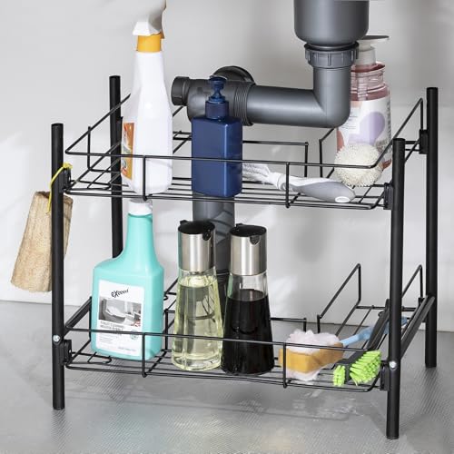 L&H UNICO Under Sink Organizers 2-Tier Removable Shelf Wire Storage Rack for Kitchen Bathroom with Towel Bar, Black