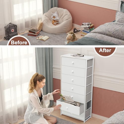 Crestlive Products Tall Dresser, 7-Drawer Wide Fabirc Storage Tower, Chests of Drawers - Vertical Organizer Unit for Bedroom, Hallway, Entryway, Nursery, Wood Top, Closets with Handles (White) - color: White, style: Wide-7 Drawers