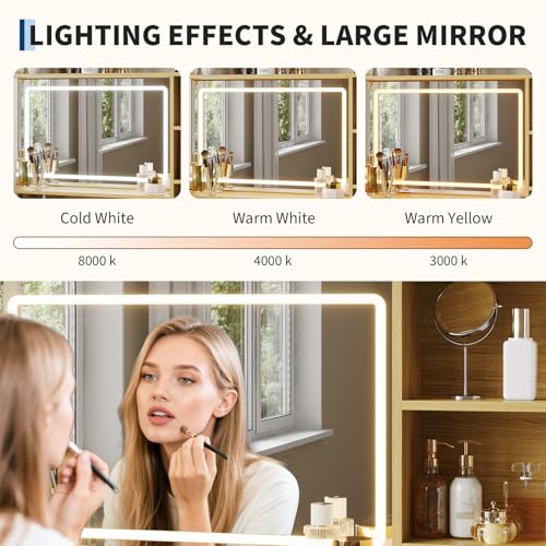 Garvee Vanity Desk with Square Mirror, 35.4” Makeup Vanity Table with Shelves, 4 Fabric Drawers Storage, Modern Dressing Table for Bedroom, Gift for Girls