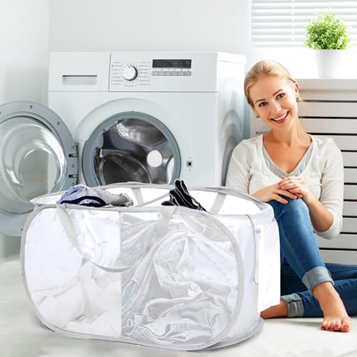 Durable Collapsible Foldable Mesh Pop Up Laundry Basket, 2 Compartments Easy to Carry & Sort Clothes Hampers for Home, Dorm, Travel White - color: White, size: 2 Compartments