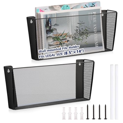 2 Pack Legal Size Wall Amount Pocket File Holder Metal Mesh Hanging Wall File Organizer Black Single File Pocket Wall Mounted Mail Organizer Magazine Rack for Office Home School 15.7" L x6.9" Wx3.4" H
