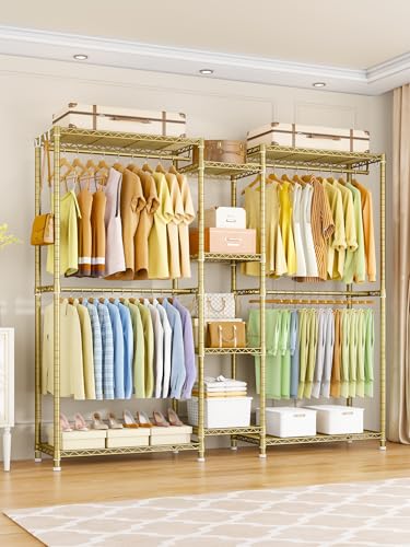 Ulif E4 Clothes Rack, Heavy-Duty Garment Rack, Metal Freestanding Clothing Organization Storage System Can Be L-Shaped with Shelves and Hangers, Max Load 962lbs, 71.6" W x 14.5" D x 79.3" H, Gold - color: Gold