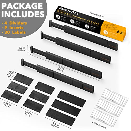 SpaceAid Bamboo Drawer Dividers with Inserts and Labels, Kitchen Adjustable Drawer Organizers, Expandable Organization for Home, Office, Dressers, 4 Dividers with 9 Inserts (17"-22" Black) - color: BLACK, size: 2.35''H, 17''-22''L, 4 Dividers