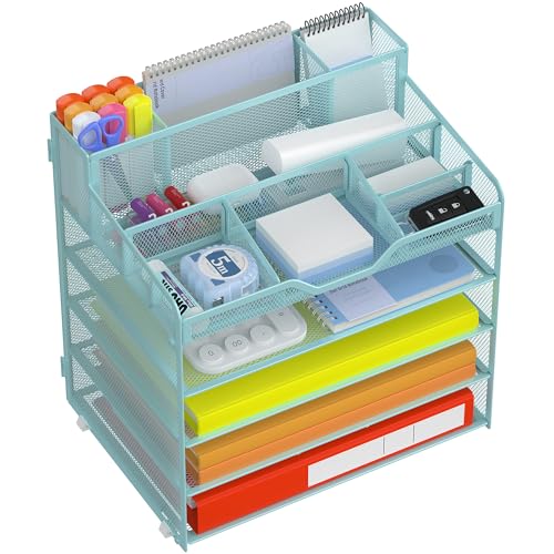 Docnest 5 Tier Mesh Desk Organizer for Paper Office Supplies – Multi-Functional Letter Tray with 5 Adjustable Compartments, 3 Pen Holders, Desktop Storage for Files, Mail, Stationery – Blue - color: Blue, size: 12.7" x 9.1" x 13.2"