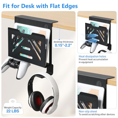 MAXECHO Desk Side Storage, Under Desk Laptop Mount, Table Side Hanging File Organizer, No Drill Clamp On Cable Management Tray, Laptop Holder with 2 Hooks for Office and Home, Load 22 Lbs - color: Black, size: Single-deck with 2 Hooks