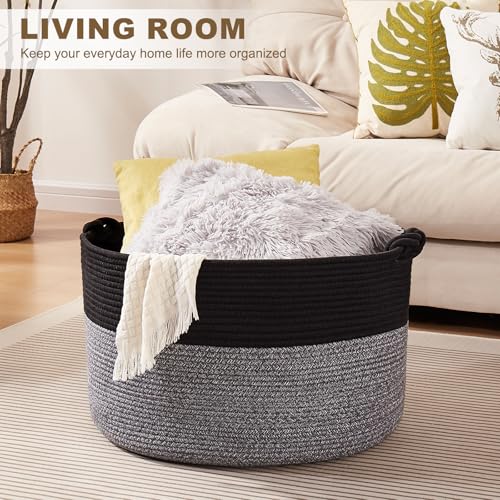 OIASKET Large Blanket Storage Basket for Living Room, 22.8" x 22.8" x 13" Woven Cotton Rope Basket with Handles, Baby Toy Storage, Laundry Hamper for Clothes, Pillows, Towels-Black and Grey - color: Black and Grey, size: 90L