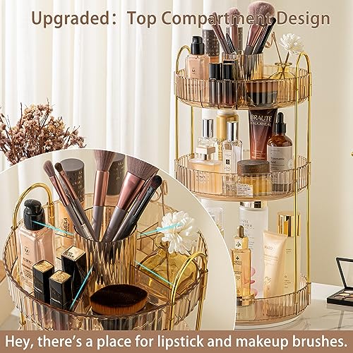 shuang qing Rotating Makeup Organizer for Vanity, High-Capacity Skincare Clear Make Up Storage Perfume Organizers Cosmetic Dresser Organizer Countertop 360 Spinning (Gold, New-3 Tier) - color: Gold, size: New-3 Tier