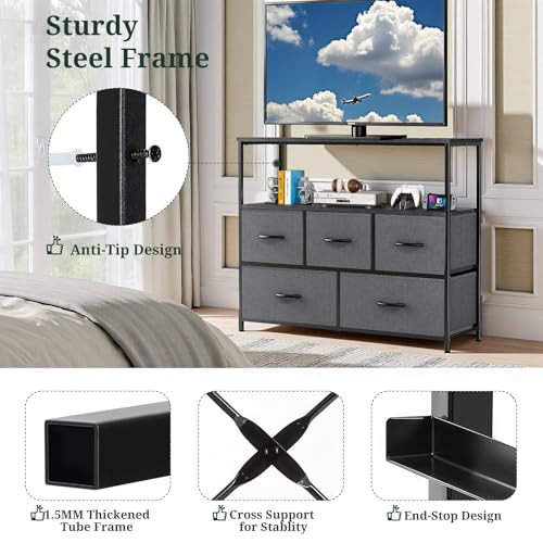 TV Stand, 5 Fabric Drawers Dresser Entertainment Center for TV up to 45 inch Wooden Media Console Table Storage Organizer with Open Shelf, for Living Room, Bedroom, or Small Space, Gray - color: Grey, size: 5 Drawers