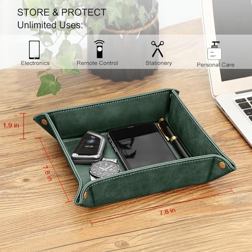 SITHON Valet Tray Desktop Storage Organizer – Premium PU Leather Catchall Bedside Vanity Tray Nightstand Caddy Holder for Keys, Phone, Wallet, Coin, Valentine's Day Gift, Dark Green - color: Dark Green