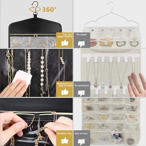CHICECO Travel Jewelry Holder Organizer,Hanging Jewelry Organizer Storage with Zippered Pockets for Cloest,Jewelry Holder for Earrings, Necklaces (Grey Black) - color: Grey Black