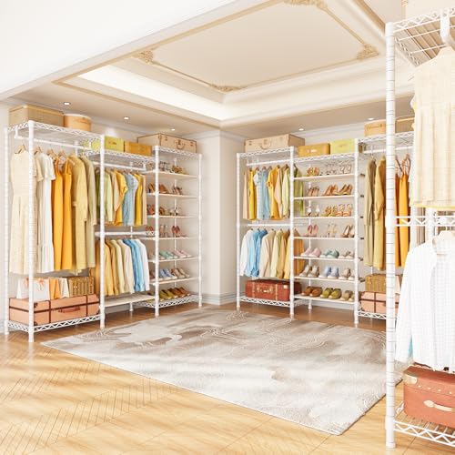 ULIFHOME E16 Heavy Duty Clothing Rack（With 7-Tier Adjustable Shoe Rack） Freestanding Clothes Rack for Hanging Clothes，Metal Closet Storage Organizer Large Wardrobe，69'' W x 15.8'' D x 76.2'' H，White - color: White