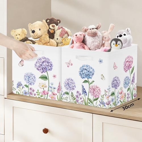 Clastyle Flowers Storage Cube Organizer Set Handle Closet Clothes Cube with Metal Frame Foldable Parents Organizer Storage Basket for Book Toy,Purple Hydrangea,11.8x11.8x11.8 in - color: Purple Hydrangea