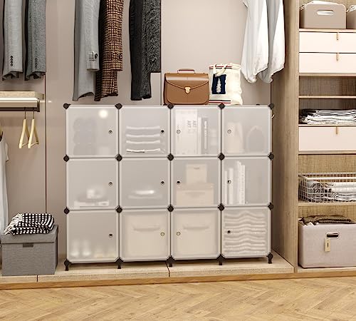 AWTATOS 12 Cube Storage Organizer with Doors, DIY Plastic Closet Shelf, Modular Bookshelf, Stackable Shelving Rack for Bedroom, Living Room, Translucent ULPZ011 - color: Translucent