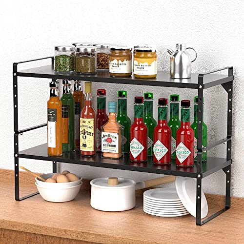 Expandable Kitchen Cabinet Storage Shelf, Stackable Metal Pantry Storage Shelves Organizer, Adjustable Height Counter Spice Rack for Kitchen Cabinet, Countertop, Pantry and Office - color: Black-1pack, size: Large - L16.5-27'' * W10.2'' * H9.6''