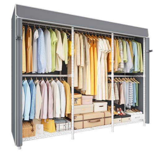 ULIFHOME E14C Pro Heavy Duty Closet Organizer System，Freestanding Clothing Racks for Hanging Clothes，Adjustable Garment Rack 70.1"W × 16.6"D × 76.4"H Hold 960 lbs，White Rack with Grey Dustproof Cover - color: White Rack With Grey Cover
