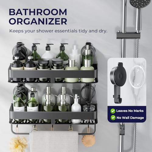 ONXE Shower Caddy Suction Cup,2 Pack Extra-Strong Suction Shower Shelves,No Drilling Rustproof Organizer for Bathroom,Kitchen,Home Decor,Reusable Bathroom Storage with Large Capacity(11.8 inch) - size: 11.8 inch-With bar