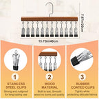 2Pcs Loset Organizer with 12 Clips,Wooden Wangers with Wlips,Wace Saving Hanging Closet Organizer,Space-Saving Hat Scarf Clothespins,Pant Hangers with Clips(Brown)