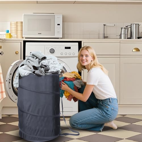 BATTOO Extra Large 107L Strong Laundry Hamper 17.5" x 27" Collapsible Laundry Baskets with Long Straps Drawstring Barrel Foldable Hamper for Laundry Room, Bathroom, Campout, College Dorm or Travel - color: Black, size: 17.5"x27"