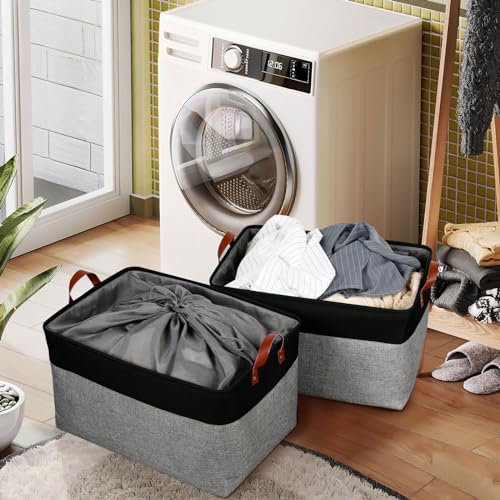 DULLEMELO Extra Large Canvas Fabric Storage Basket, 70L Foldable Closet Storage Bin with Handles, 22" Large Blanket Basket Living Room for Storage Toys, Pillows, Clothes, Books (Black&Grey) - color: Black&Gray, size: Extra Large-22" x 15" x 13"