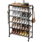 6 Tier Rotating Vertical Shoe Rack Tower, Wooden Shoe Storage Organizer with Hooks, Sturdy Metal Narrow Shoe Shelf for 18-24 Pairs, Vertical Shoe Organizer for Closet Entryway, Rustic Brown - size: 6-tier(27.8 × 11.2 × 38.6)