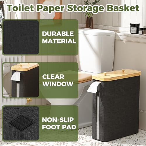 42L Toilet Paper Basket with Bamboo Lid, Toilet Paper Storage with Toilet Paper Holder & Non-Slip Mat for Bathroom Organizer, Holds up to 19 Regular Rolls or 14 Mega Rolls, Collapsible & Stackable - color: Black