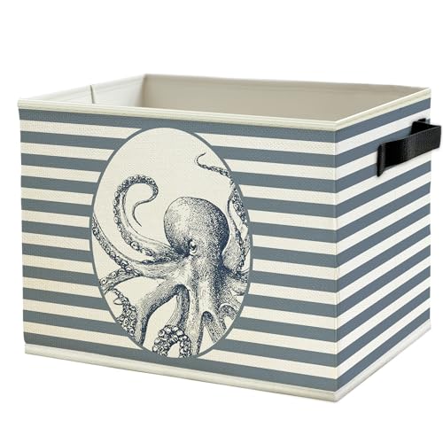 Coastal Beach Octopus Storage Bins Box with Handles, Blue Striped Beachy Ocean Octopus Marine Biology Collapsible Basket Organizer for Bedroom Bathroom Toys Books Clothes - color: Color08