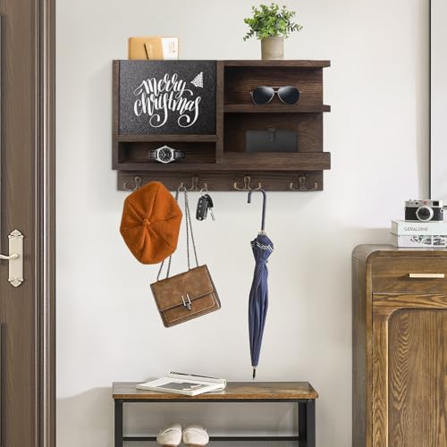 WEWEOW Key Holder for Wall, Mail Organizer Wall Mount with Key Hooks and Chalkboard & Mirror for Sunglasses Storage and Dog Leash Hanger, Decorative with 4 Double Hooks - color: Dark Brown