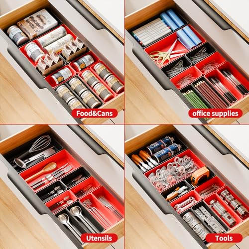 [5 Sizes] [69 PCS] Tool Drawer Organizer, Desk Tray, Rolling Chest, Toolbox (Black+Red) - color: Black+Red