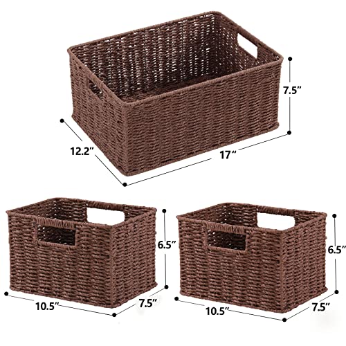 HOONEX Large Woven Baskets for Storage, Paper Rope Baskets with Sturdy Metal Wire Frame, Baskets for Shelves, Set of 3, Dark Brown - color: Dark Brown, size: 17"D x 12.2"W x 7.5"H