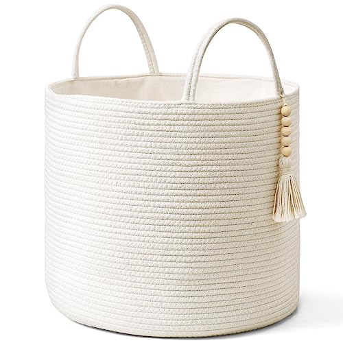 Mkono Woven Storage Basket Decorative Natural Rope Basket Wooden Bead Decoration for Blankets,Toys,Clothes,Shoes,Plant Organizer Bin with Handles Living Room Home Decor, White, 16" W × 13.8"L - color: White, size: 16" W × 13.8"L