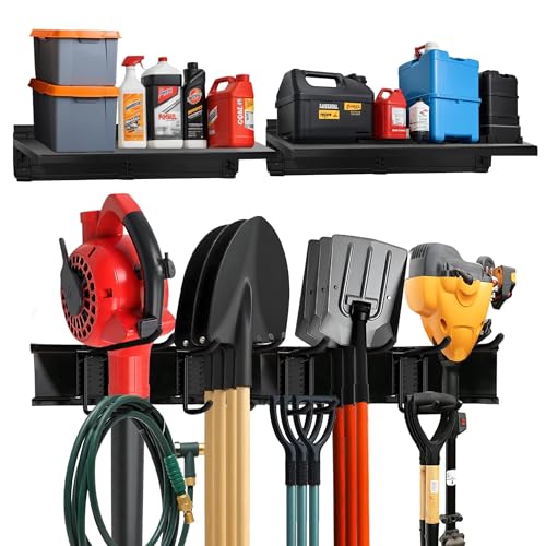 TIDYME Heavy-Duty Garage Wall Storage System | Wall Mounted Tool Organizer Rack with Shelving | 10-Piece Mounting Kit | Includes 4x10” Double-Layered Hooks & 2x16.5” Floating Utility Shelves - size: 64" (2 Shelves)