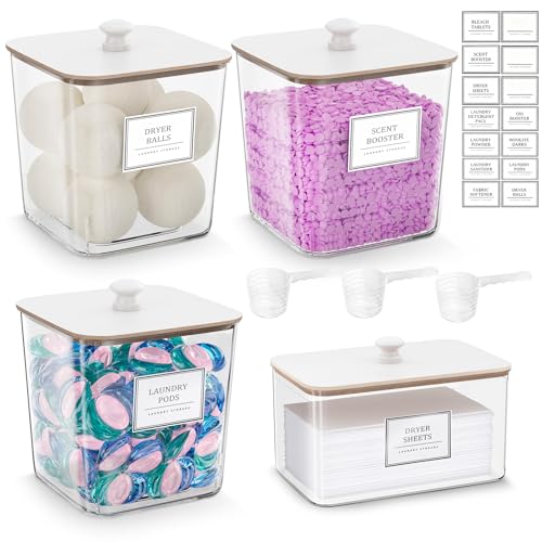 Laundry Pods Storage Container, Clear Laundry Room Organization and Storage,Detergent Powder Container,with Wooden Lids & Labels, 3+1 Pack（White） - style: 3+1-White