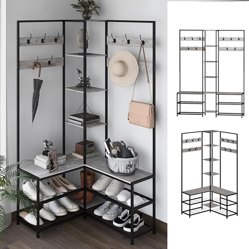 GiftGo Corner Hall Tree with Shoe Rack Storage Bench Display Open Shelves Modern Industrial Entryway Coat Rack Stand for Home Living Room Mudroom Bedroom Multifuncitonal 5 in 1 (Greige) - color: Greige