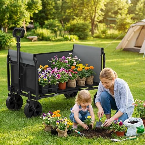 3-in-1 Portable Collapsible Wagon, Foldable Cart with Removable Side, Utility Groceries Wagon Cart for Dogs Pets Shopping Camping Beach Sports Gardeing Fishing, Black - size: 120L