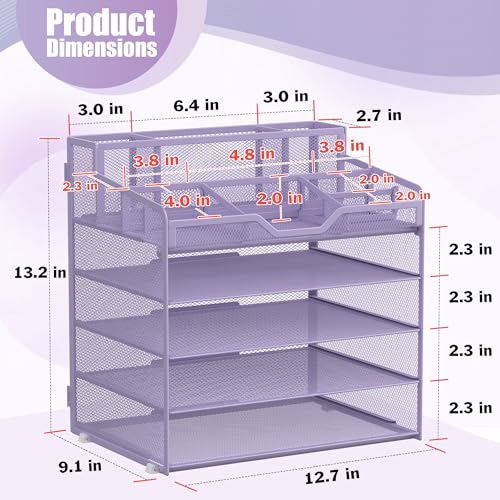 Docnest 5 Tier Mesh Desk Organizer for Paper Office Supplies – Multi-Functional Letter Tray with 5 Adjustable Compartments, 3 Pen Holders, Desktop Storage for Files, Mail, Stationery – Purple - color: Purple, size: 12.7" x 9.1" x 13.2"